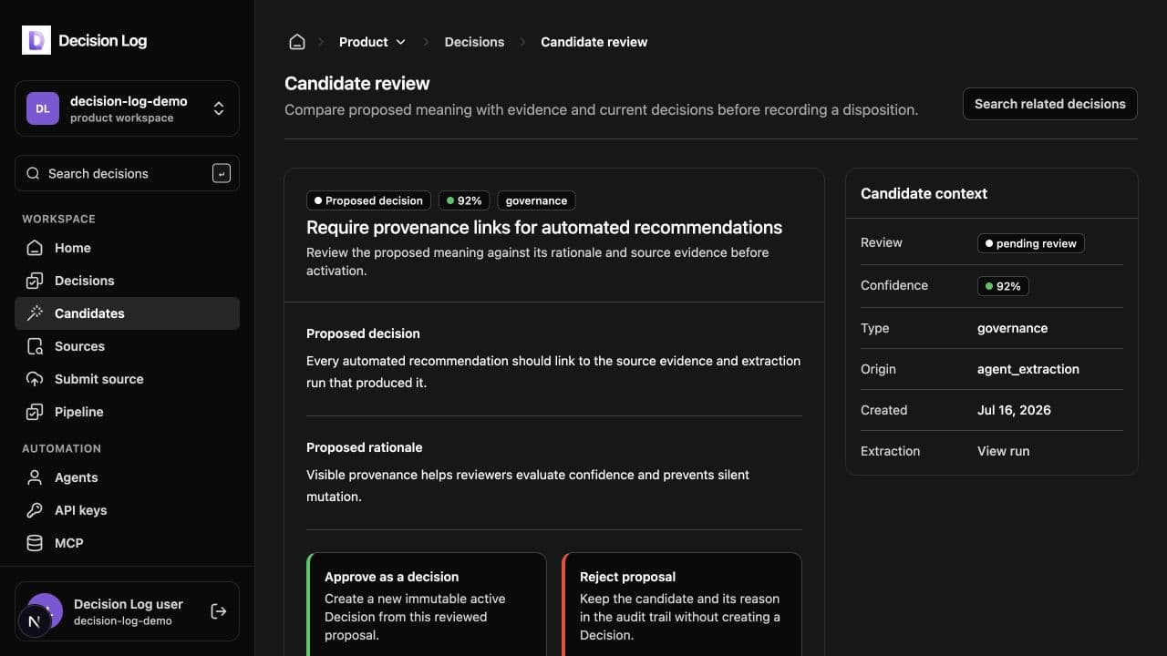 Decision candidate review queue showing proposal provenance, confidence, and pending review state