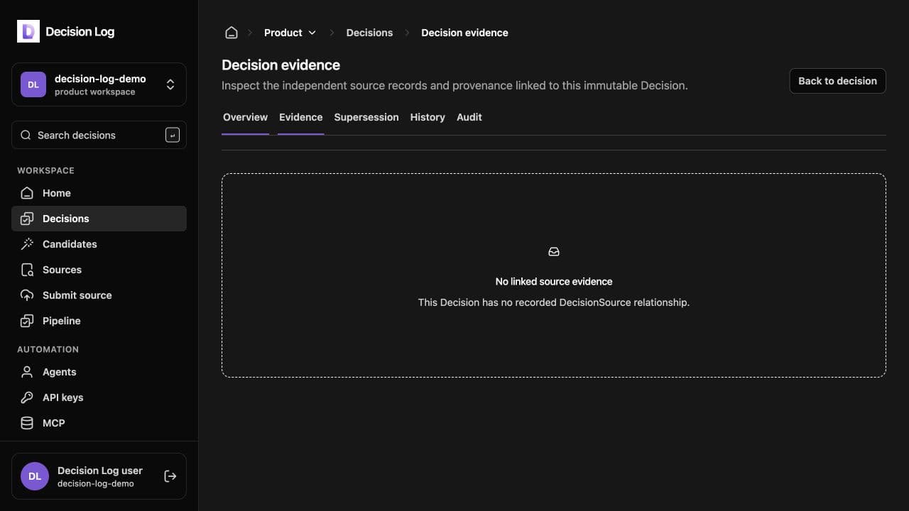 Decision detail showing immutable meaning, rationale, source type, actor attribution, and organization context