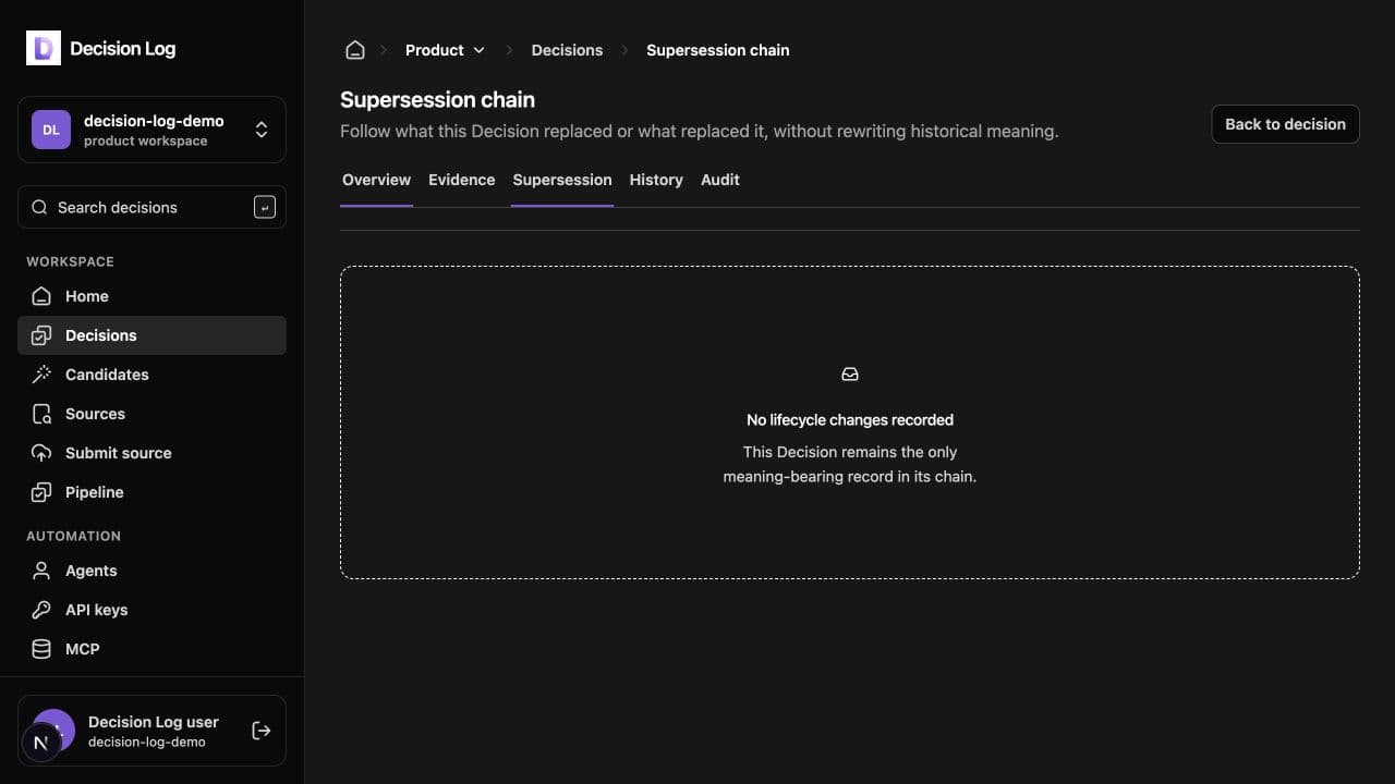Decision Log supersession view showing the previous decision and its preserved lifecycle history
